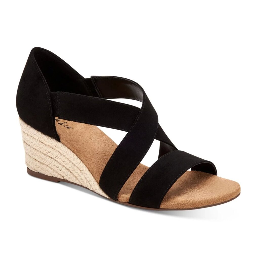 Style & Co Black Criss Cross Cushioned Zaddie Almond Toe Wedge Sandals NWT